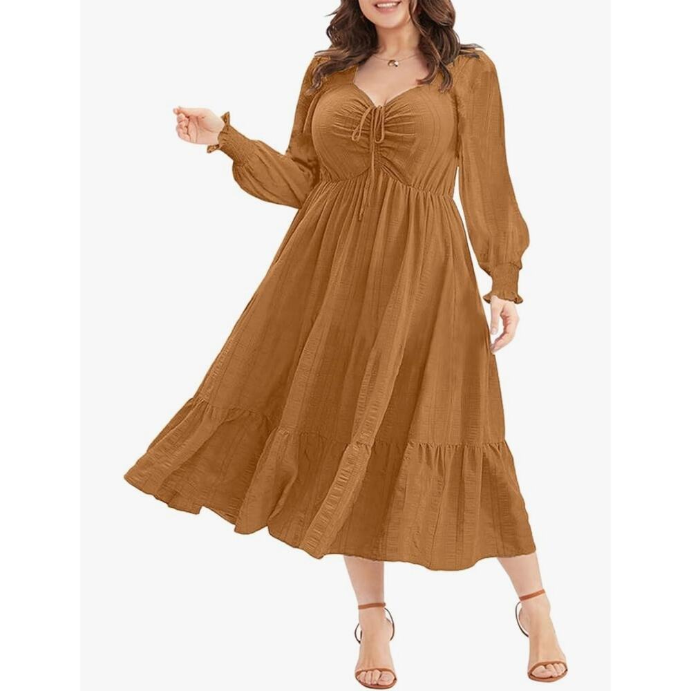 Plus Size Dress, ‎ Long Sleeve Sweetheart Neck Ruffle Long Maxi Dresses(1XL)